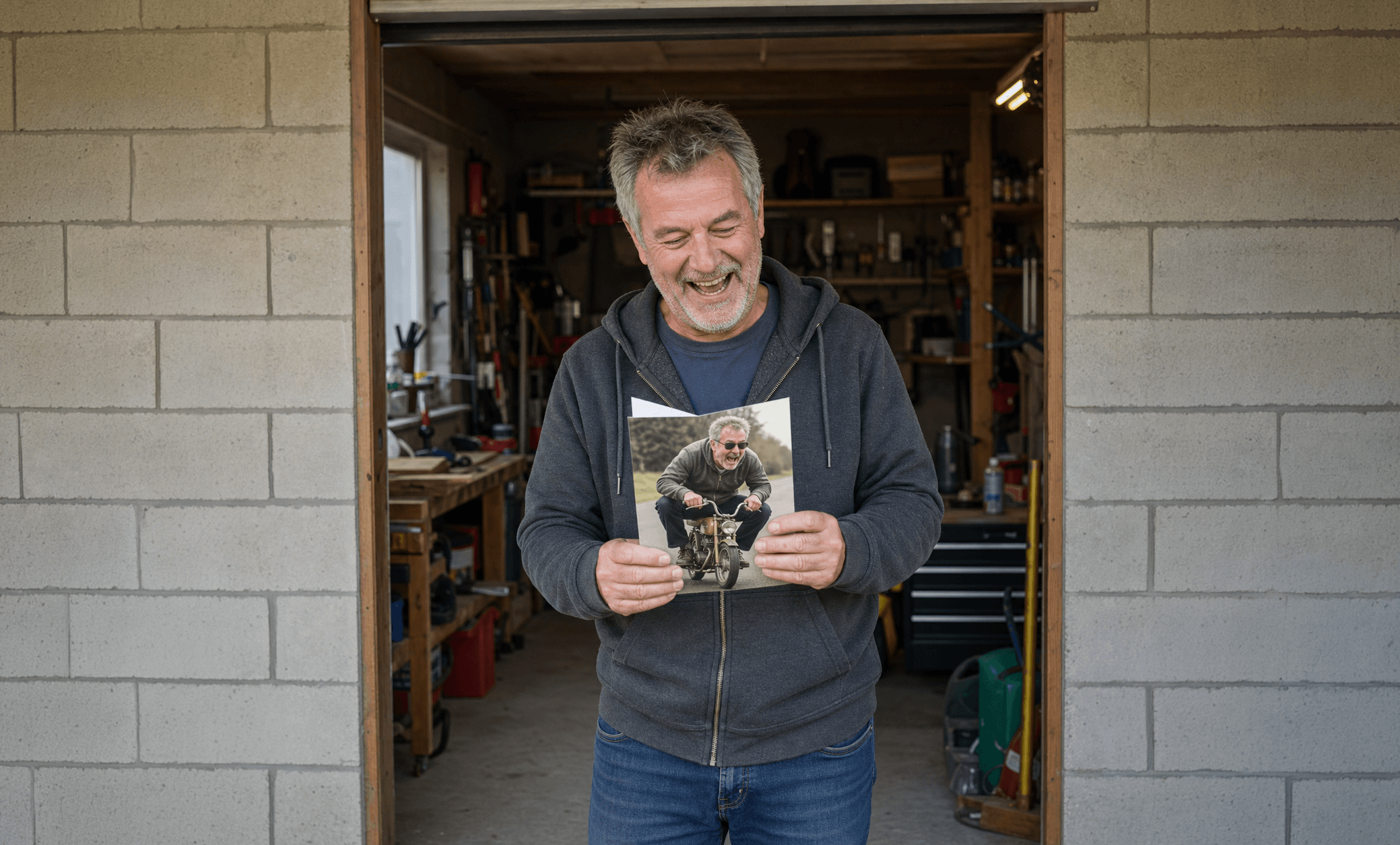 A delighted man holding a personalised card featuring a photograph of himself