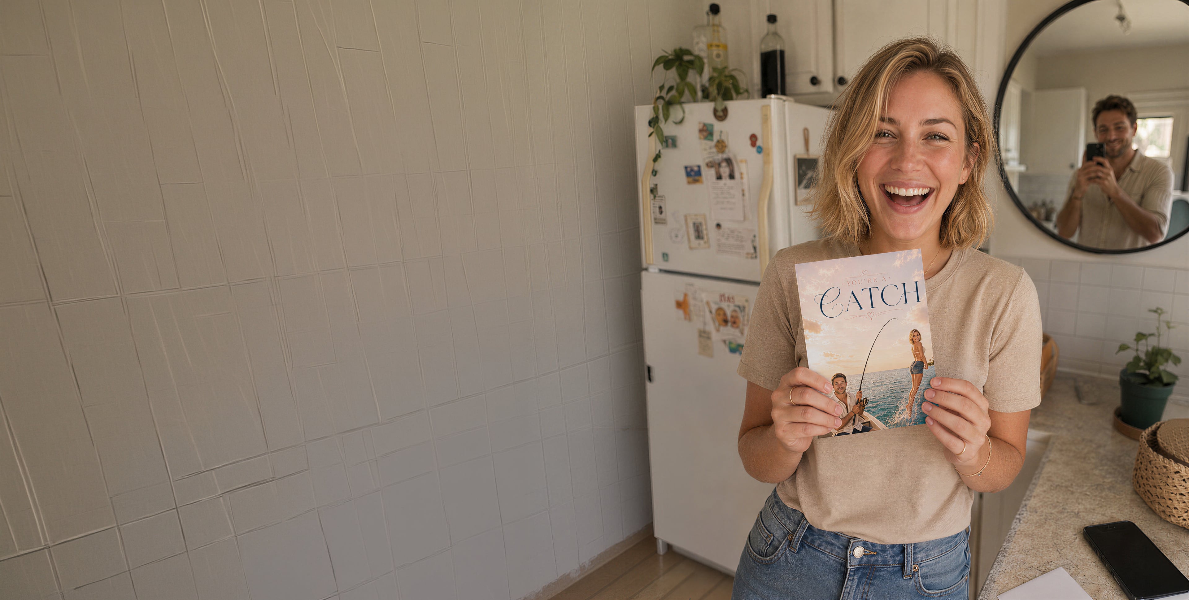 A delighted woman holding a personalised card made with a photograph of her
