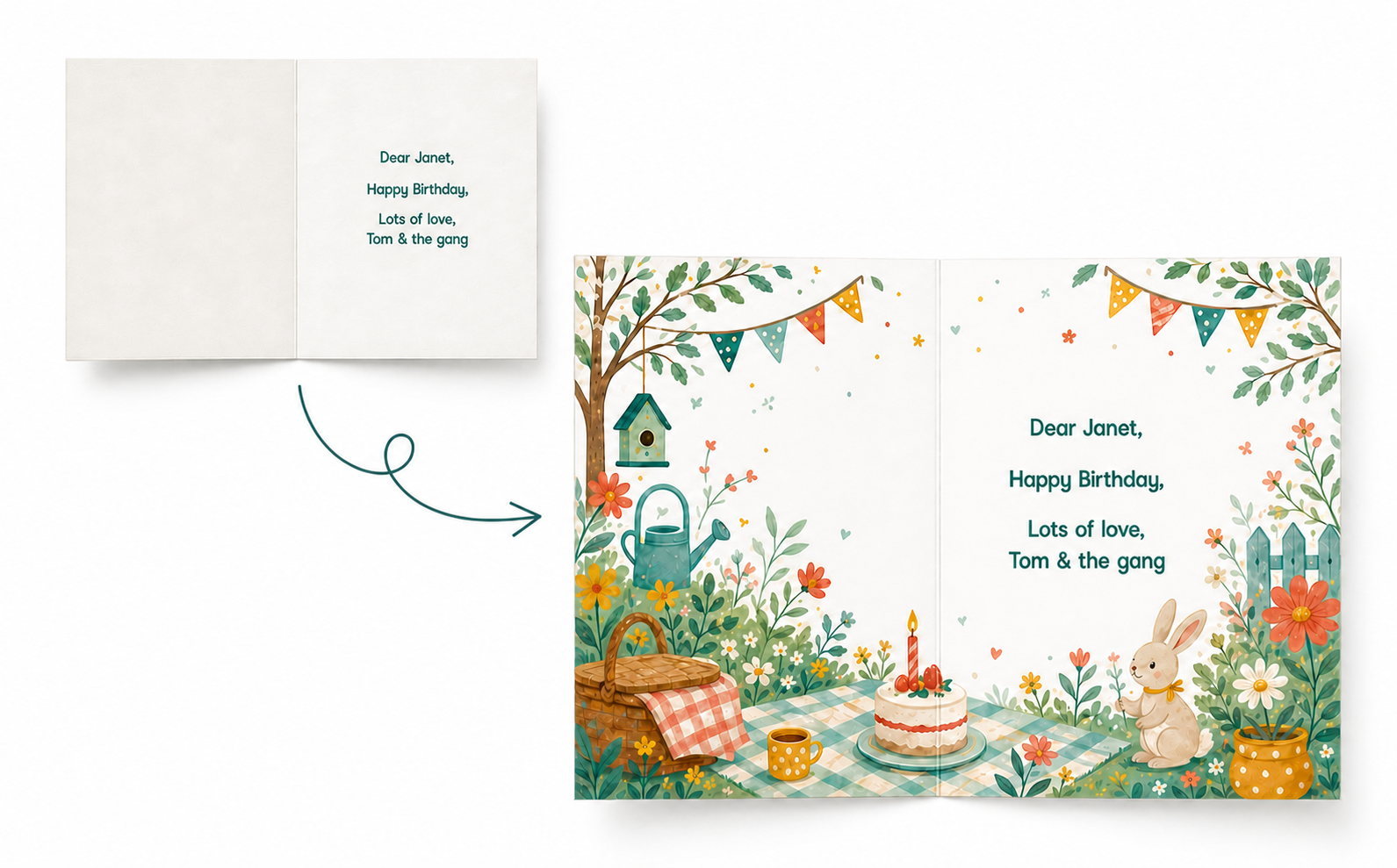 A plain card inside transforming into a custom illustrated Royalty inside